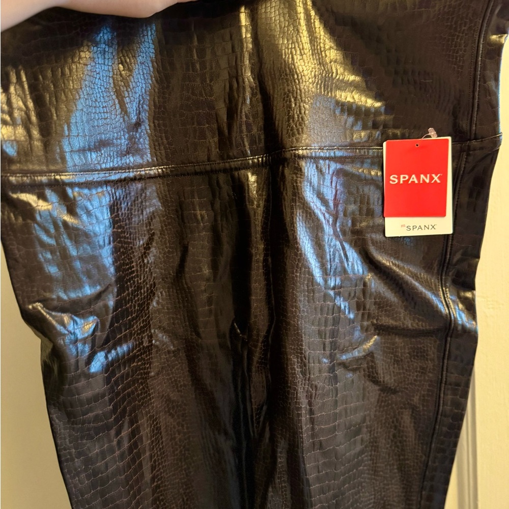 NWT Spanx Faux Leather Croc Shine Leggings Brown XL